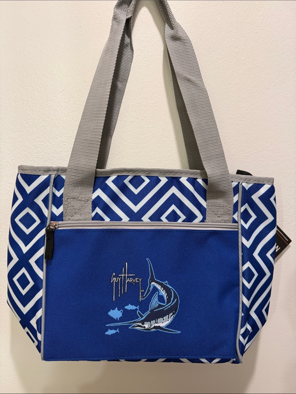 Guy Harvey Royal Blue insulated 16 can cooler Tote. W/marlin & geo pattern.